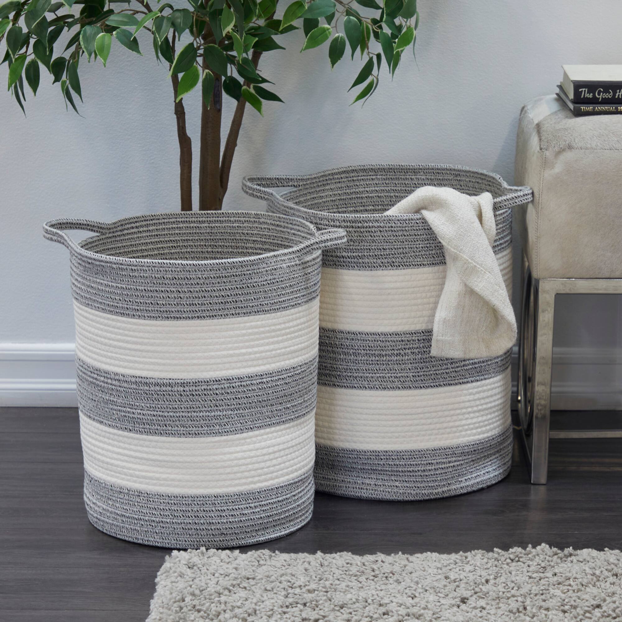 Gray Cotton Handmade Striped Storage Basket with Handles Set of 2 19", 19"
